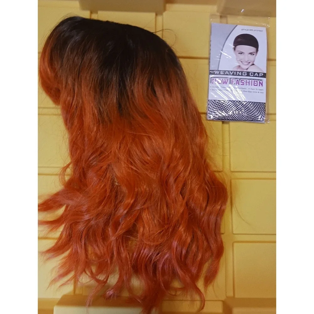 NEW Short Curly Black to Orange Ombre Synthetic Wig with Bangs & Wig Cap